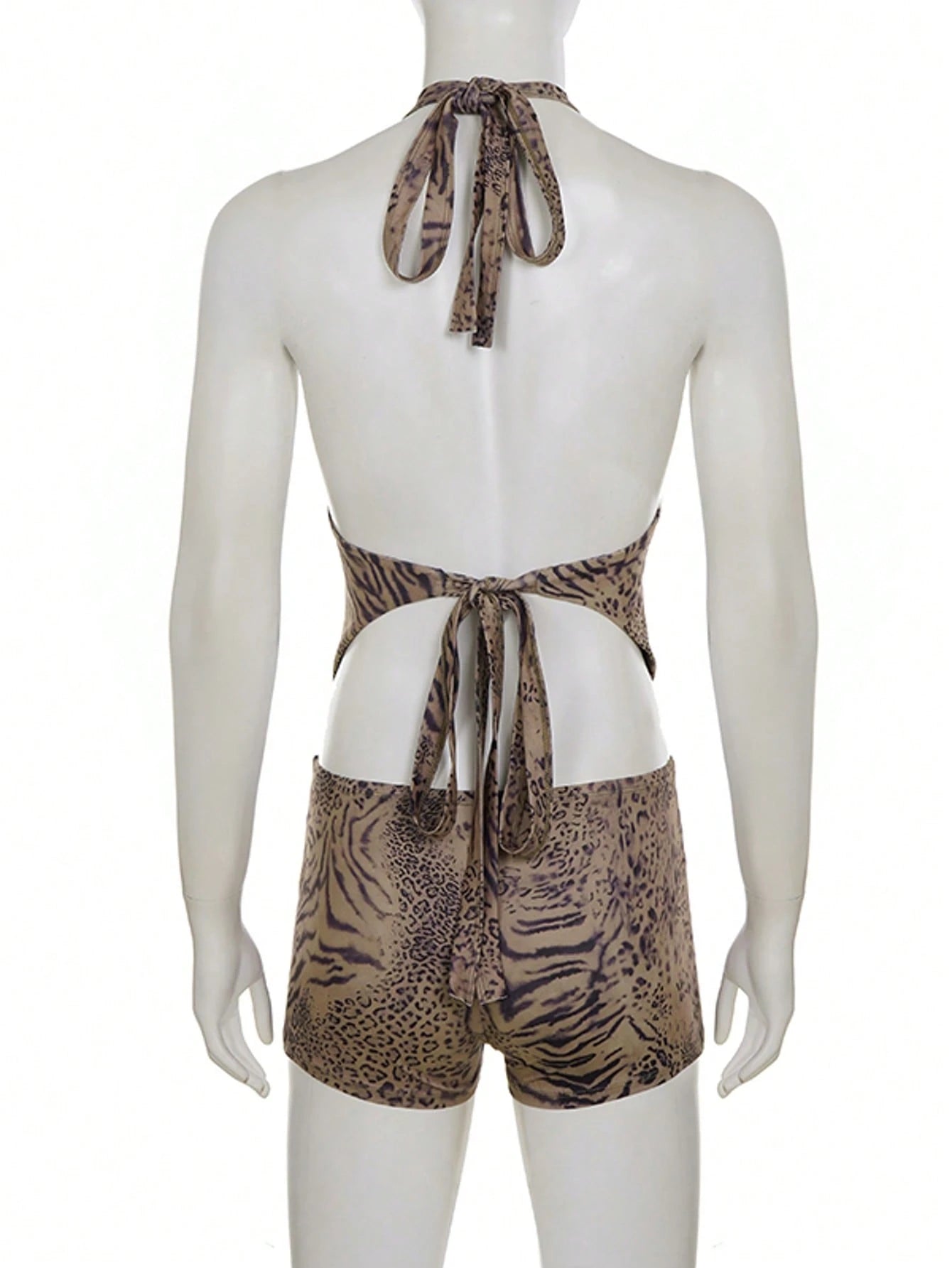 Women's Leopard Print 2-Piece Set, Sexy Spaghetti Strap Deep V-Neck Backless Crop Top + Low Waist Shorts, 2-Piece Summer Outfit Brown Elegant