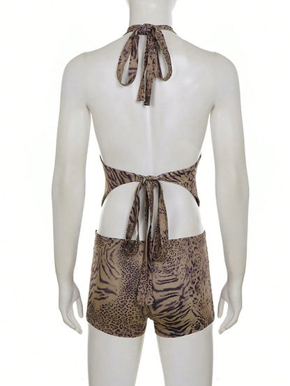 Women's Leopard Print 2-Piece Set, Sexy Spaghetti Strap Deep V-Neck Backless Crop Top + Low Waist Shorts, 2-Piece Summer Outfit Brown Elegant