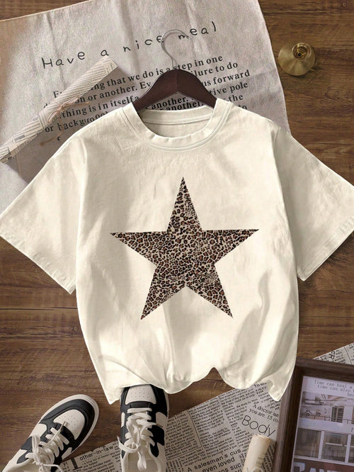 Women's Leopard Print & Star Graphic Round Neck Short Sleeve T-Shirt Casual Summer