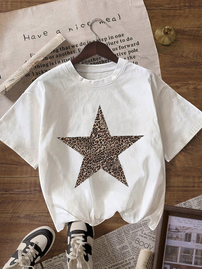 Women's Leopard Print & Star Graphic Round Neck Short Sleeve T-Shirt Casual Summer