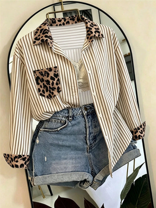 Women's Leopard Print Striped Pattern Collar Shirt Suitable For Daily Wear