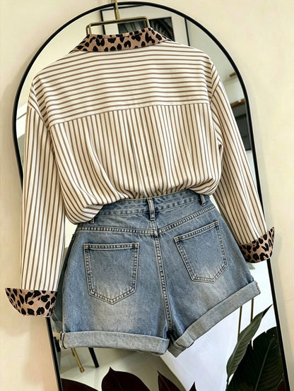 Women's Leopard Print Striped Pattern Collar Shirt Suitable For Daily Wear