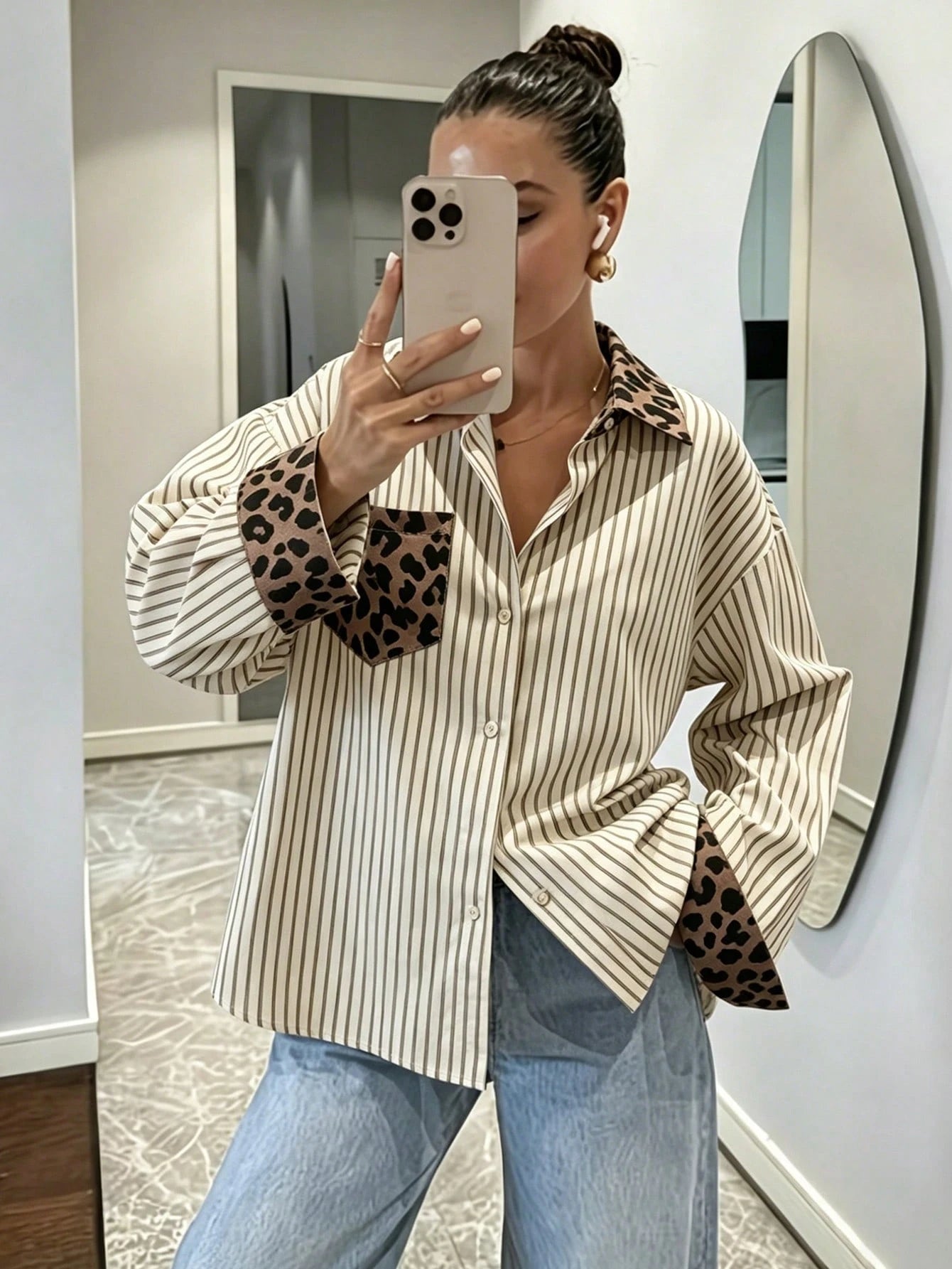 Women's Leopard Print Striped Pattern Collar Shirt Suitable For Daily Wear
