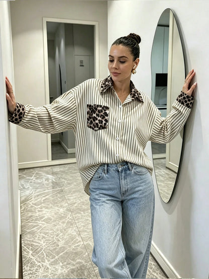 Women's Leopard Print Striped Pattern Collar Shirt Suitable For Daily Wear