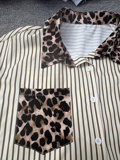 Women's Leopard Print Striped Pattern Collar Shirt Suitable For Daily Wear