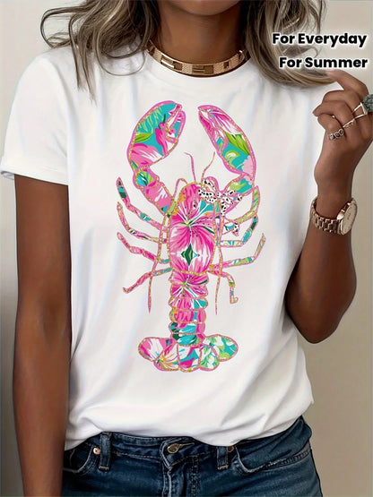 Women's Lobster Print T-Shirt- Soft Pink & Turquoise Coastal Beach Top With Short Sleeve Round Neck, Loose Fit Breathable Blouse Shirt Suit