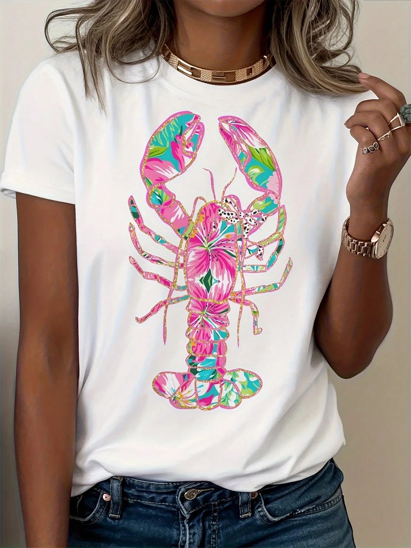 Women's Lobster Print T-Shirt- Soft Pink & Turquoise Coastal Beach Top With Short Sleeve Round Neck, Loose Fit Breathable Blouse Shirt Suit