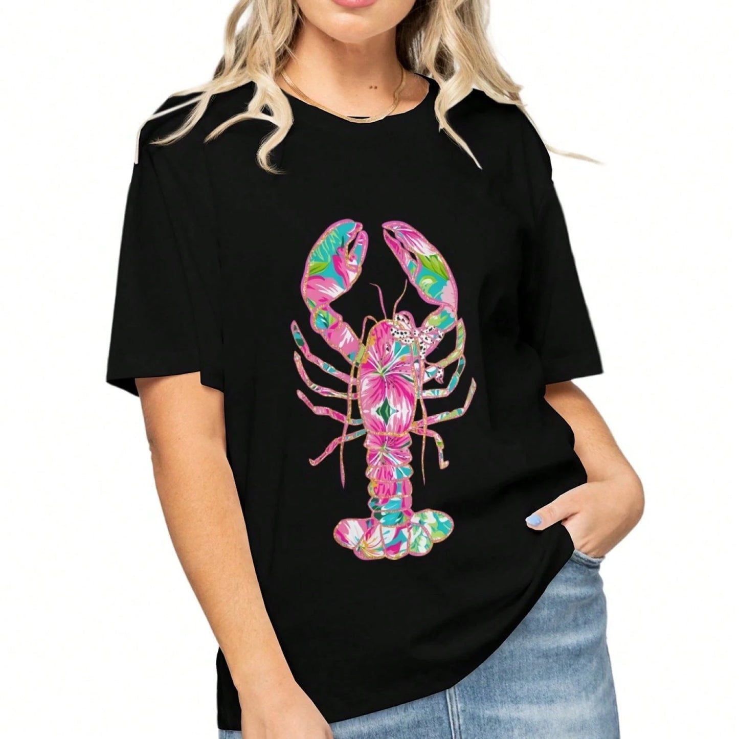 Women's Lobster Print T-Shirt- Soft Pink & Turquoise Coastal Beach Top With Short Sleeve Round Neck, Loose Fit Breathable Blouse Shirt Suit
