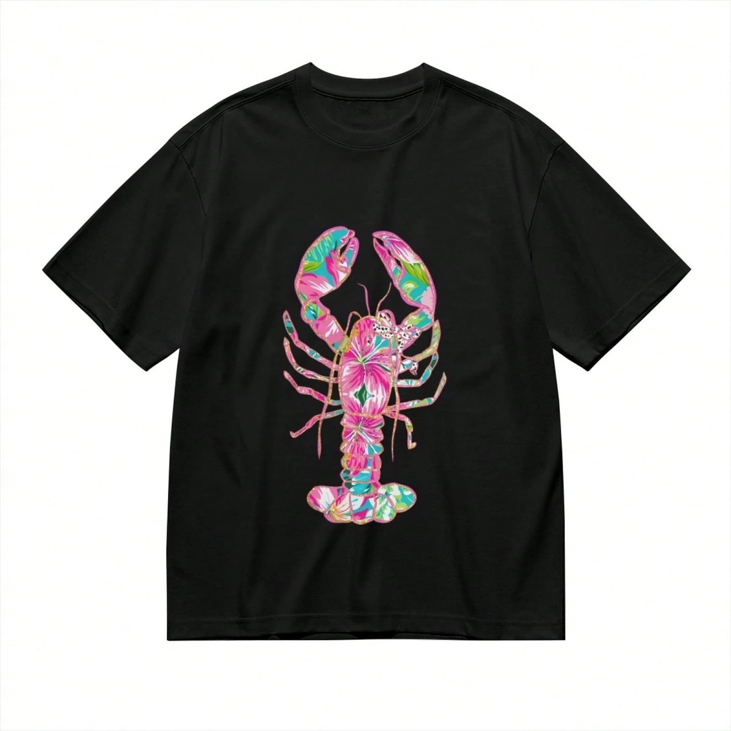 Women's Lobster Print T-Shirt- Soft Pink & Turquoise Coastal Beach Top With Short Sleeve Round Neck, Loose Fit Breathable Blouse Shirt Suit
