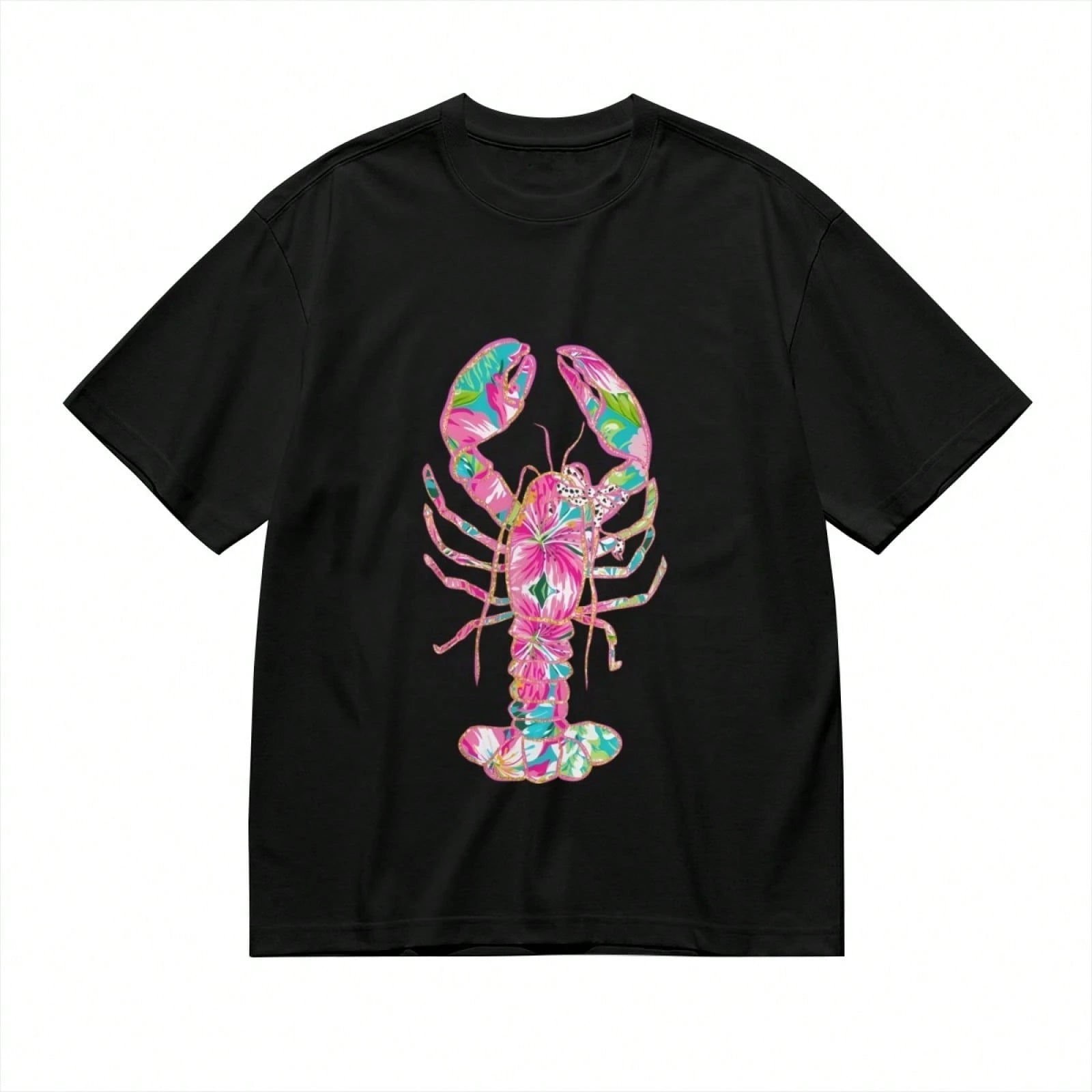Women's Lobster Print T-Shirt- Soft Pink & Turquoise Coastal Beach Top With Short Sleeve Round Neck, Loose Fit Breathable Blouse Shirt Suit