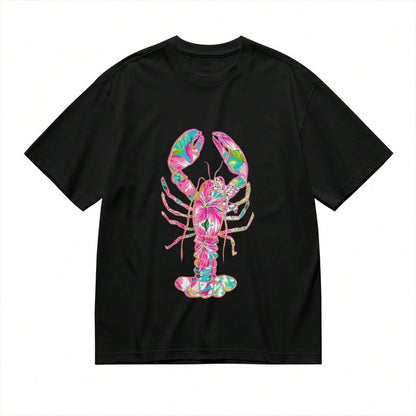 Women's Lobster Print T-Shirt- Soft Pink & Turquoise Coastal Beach Top With Short Sleeve Round Neck, Loose Fit Breathable Blouse Shirt Suit