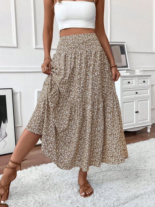 Women's Long Ditsy Floral Skirt, Casual Elastic Waist With Pockets, Ruffle Hem, A-Line Skirt For Summer Vacation Spring, Boho Chic