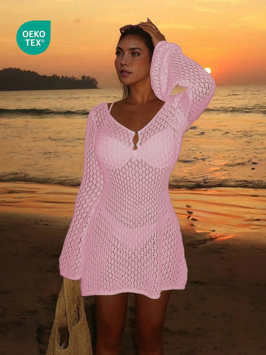 Women's Long Sleeve Hollow Out Swimsuit Cover Up, Elegant Bohemian Beach Resort Style, V-Neck Thin Skirt Vacation Pink Summer