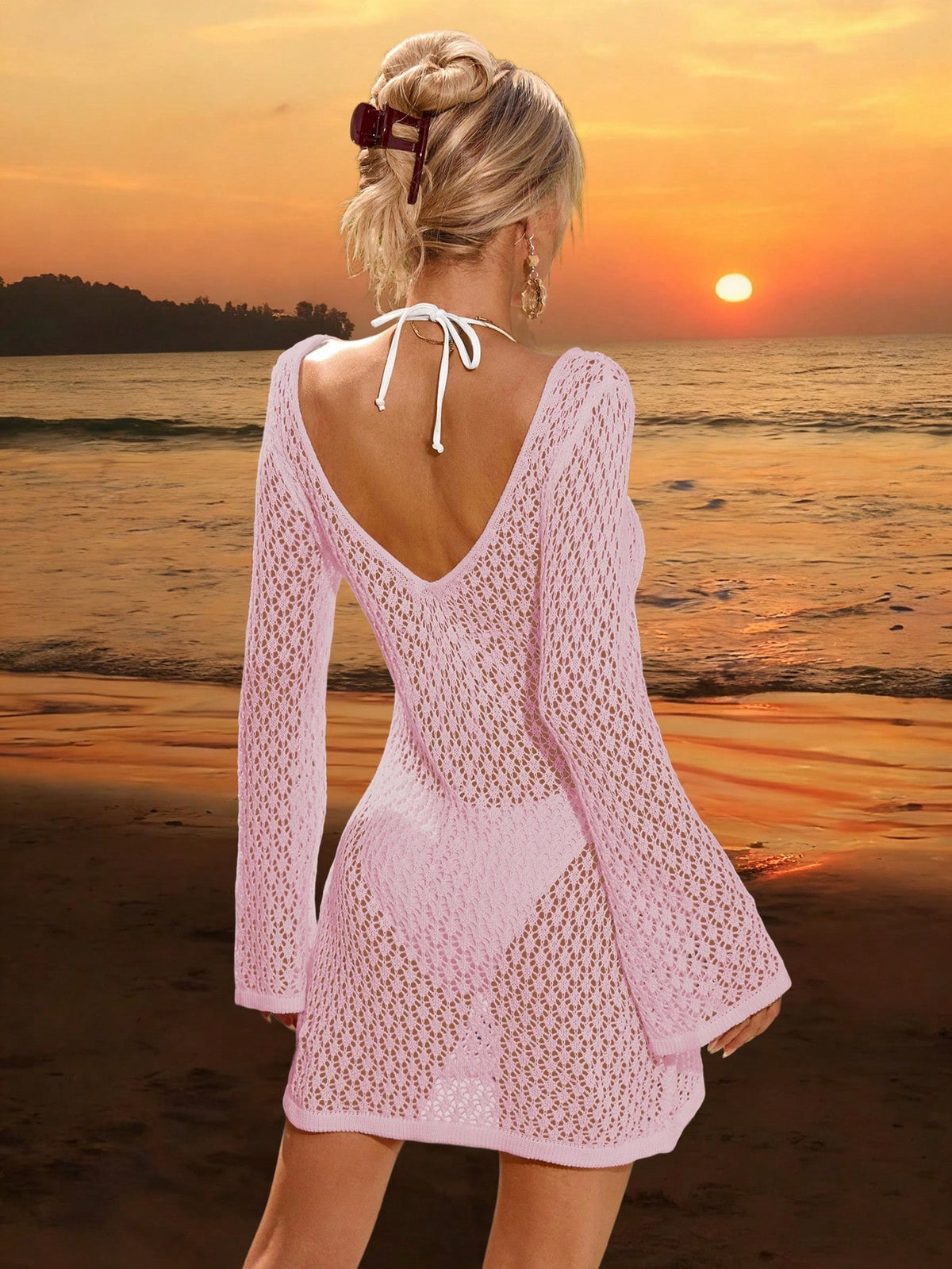 Women's Long Sleeve Hollow Out Swimsuit Cover Up, Elegant Bohemian Beach Resort Style, V-Neck Thin Skirt Vacation Pink Summer