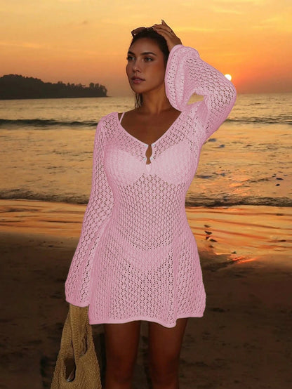 Women's Long Sleeve Hollow Out Swimsuit Cover Up, Elegant Bohemian Beach Resort Style, V-Neck Thin Skirt Vacation Pink Summer