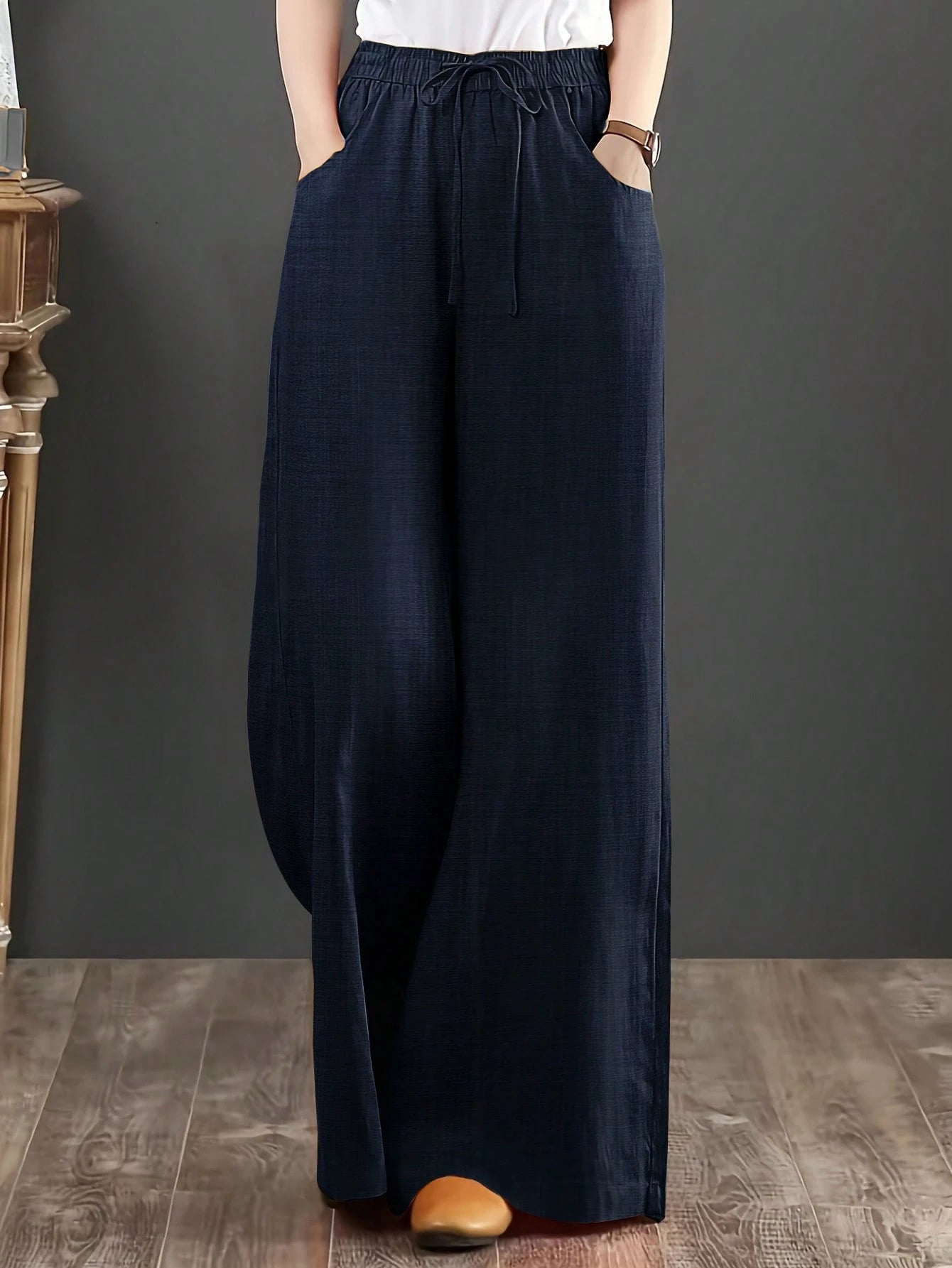 Women's Loose Fit Denim Effect Wide Leg Pants, Casual Long Trousers With Drawstring Pockets, Creating Comfortable Everyday Look