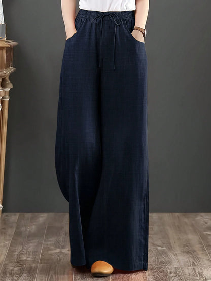 Women's Loose Fit Denim Effect Wide Leg Pants, Casual Long Trousers With Drawstring Pockets, Creating Comfortable Everyday Look