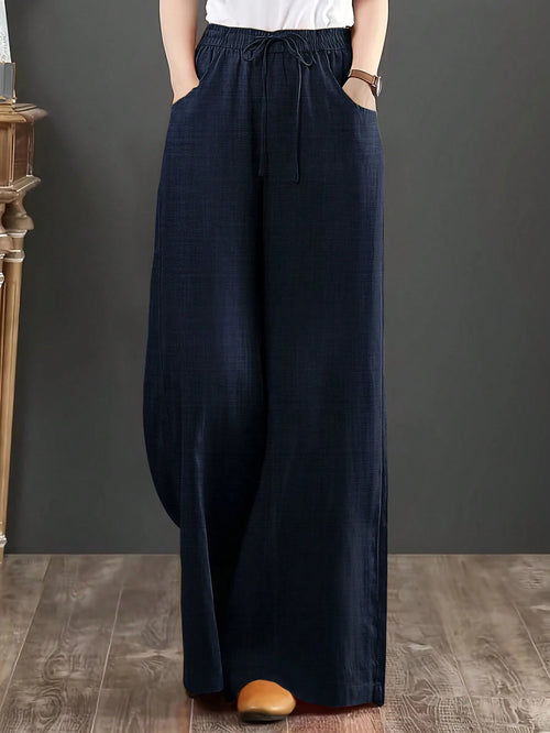Women's Loose Fit Denim Effect Wide Leg Pants, Casual Long Trousers With Drawstring Pockets, Creating Comfortable Everyday Look