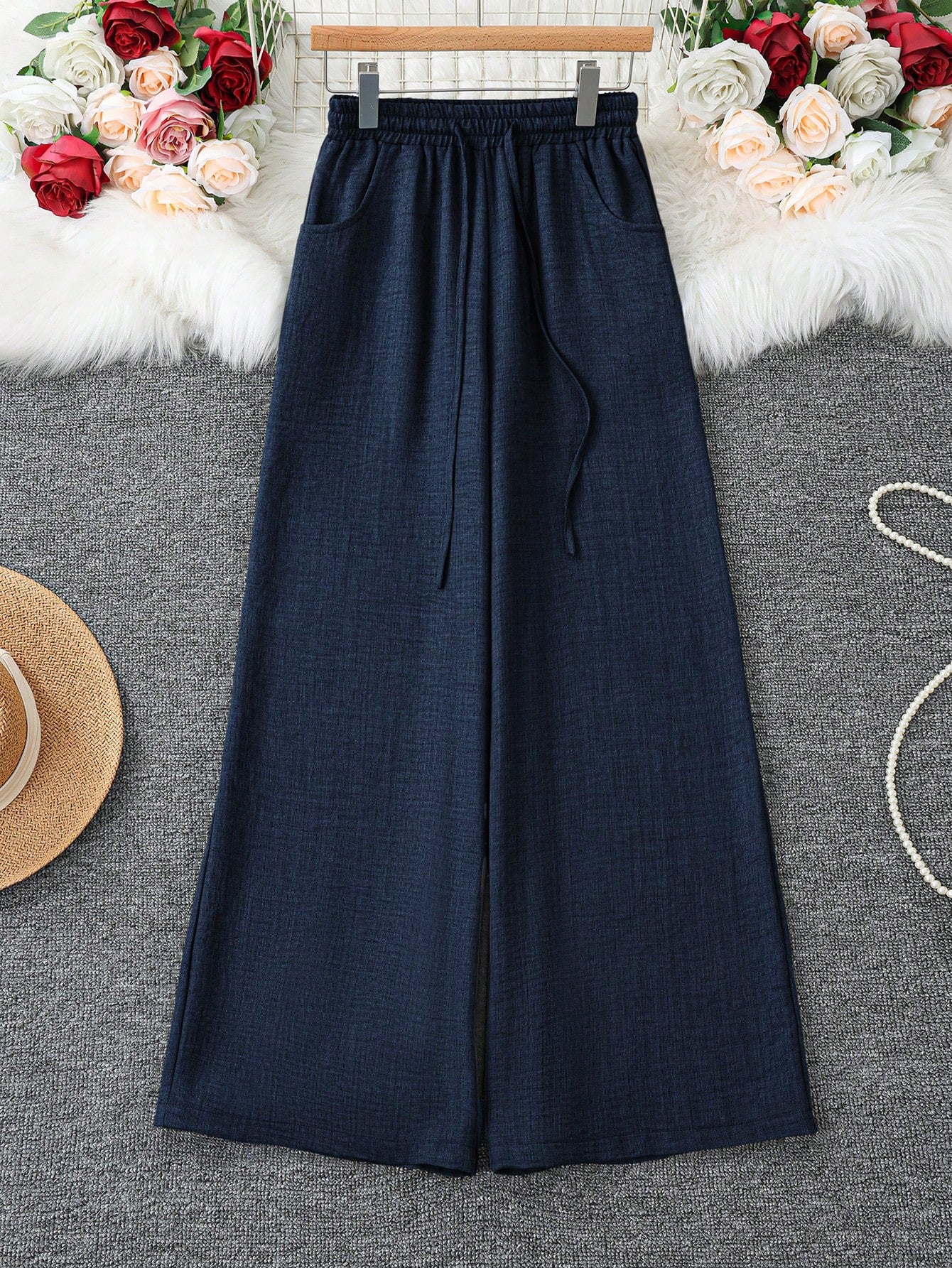 Women's Loose Fit Denim Effect Wide Leg Pants, Casual Long Trousers With Drawstring Pockets, Creating Comfortable Everyday Look