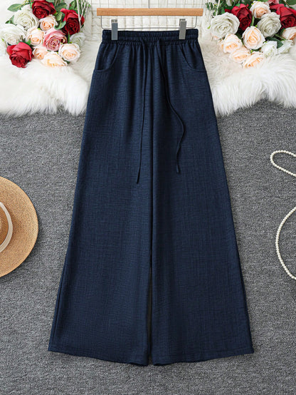Women's Loose Fit Denim Effect Wide Leg Pants, Casual Long Trousers With Drawstring Pockets, Creating Comfortable Everyday Look