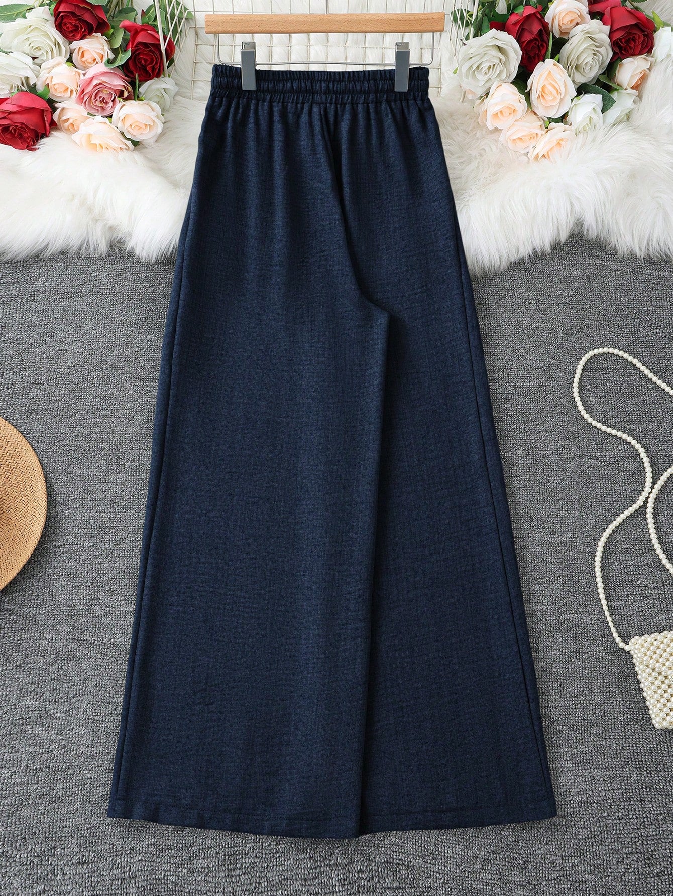 Women's Loose Fit Denim Effect Wide Leg Pants, Casual Long Trousers With Drawstring Pockets, Creating Comfortable Everyday Look