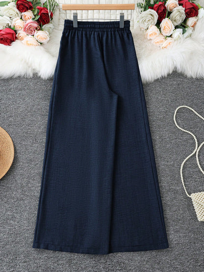 Women's Loose Fit Denim Effect Wide Leg Pants, Casual Long Trousers With Drawstring Pockets, Creating Comfortable Everyday Look