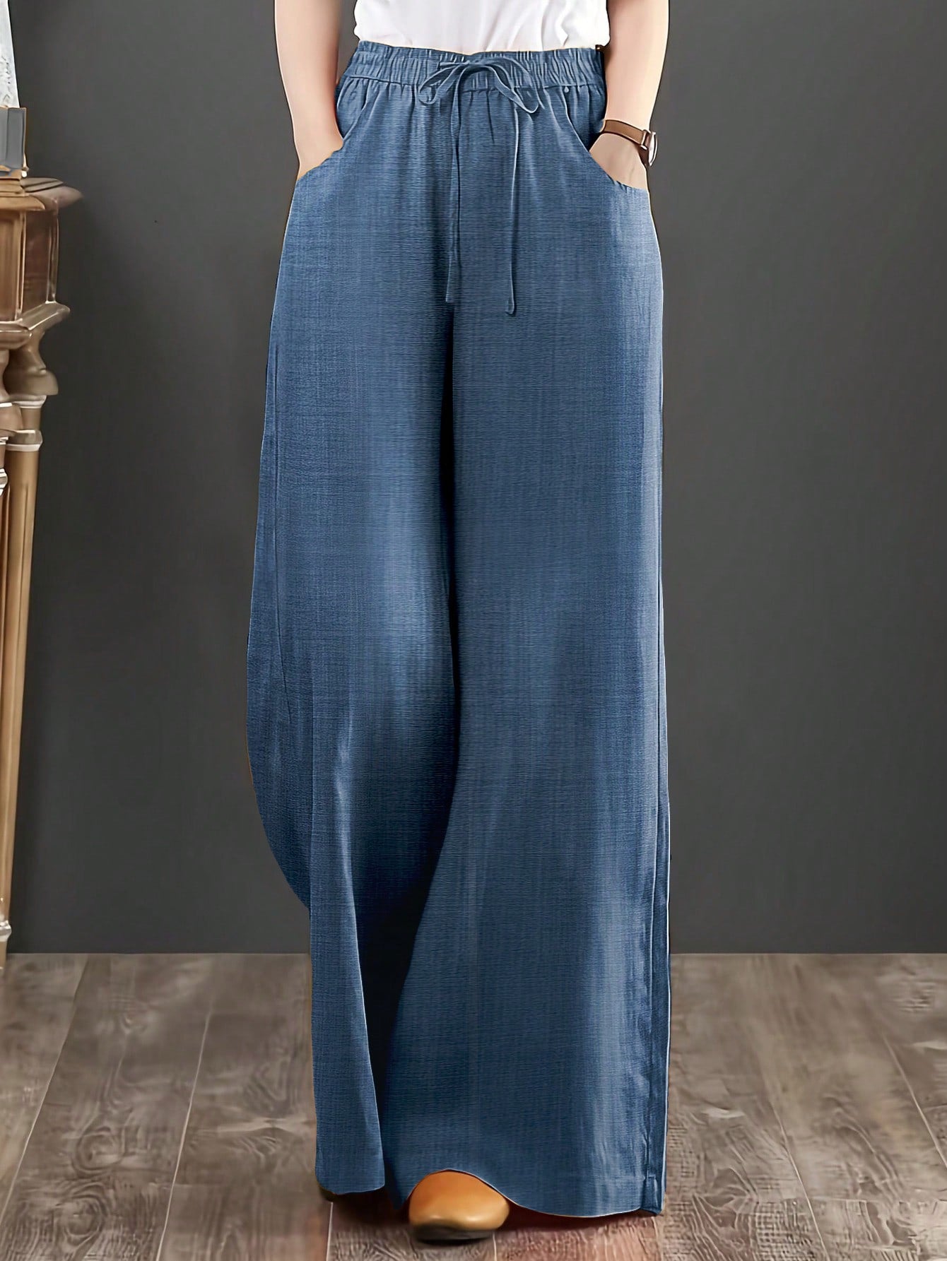 Women's Loose Fit Denim Effect Wide Leg Pants, Casual Long Trousers With Drawstring Pockets, Creating Comfortable Everyday Look
