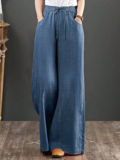 Women's Loose Fit Denim Effect Wide Leg Pants, Casual Long Trousers With Drawstring Pockets, Creating Comfortable Everyday Look