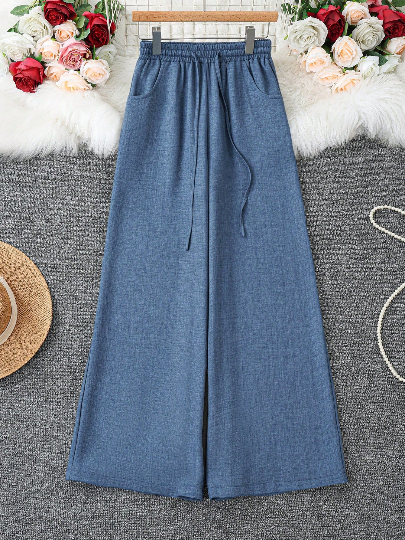Women's Loose Fit Denim Effect Wide Leg Pants, Casual Long Trousers With Drawstring Pockets, Creating Comfortable Everyday Look