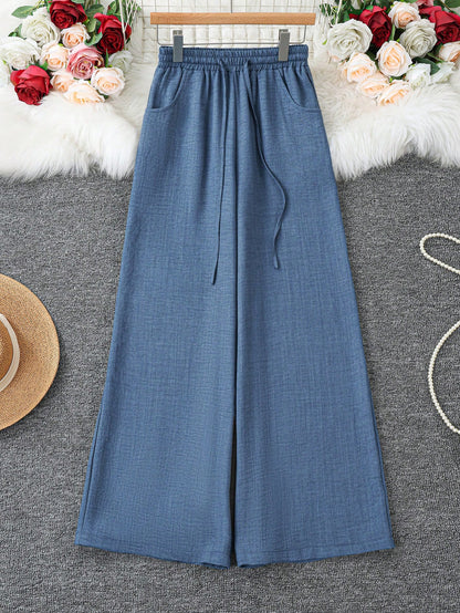 Women's Loose Fit Denim Effect Wide Leg Pants, Casual Long Trousers With Drawstring Pockets, Creating Comfortable Everyday Look