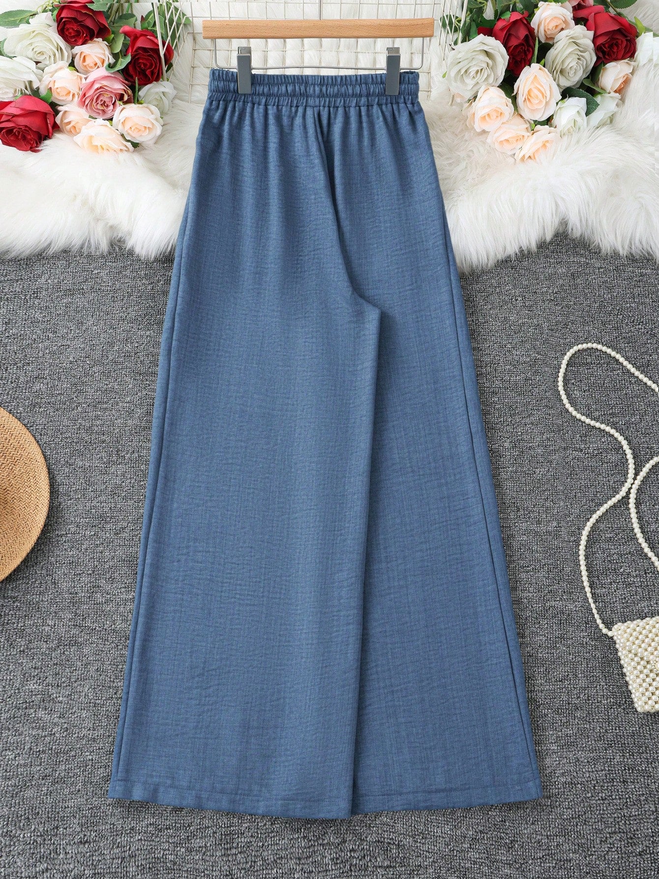 Women's Loose Fit Denim Effect Wide Leg Pants, Casual Long Trousers With Drawstring Pockets, Creating Comfortable Everyday Look