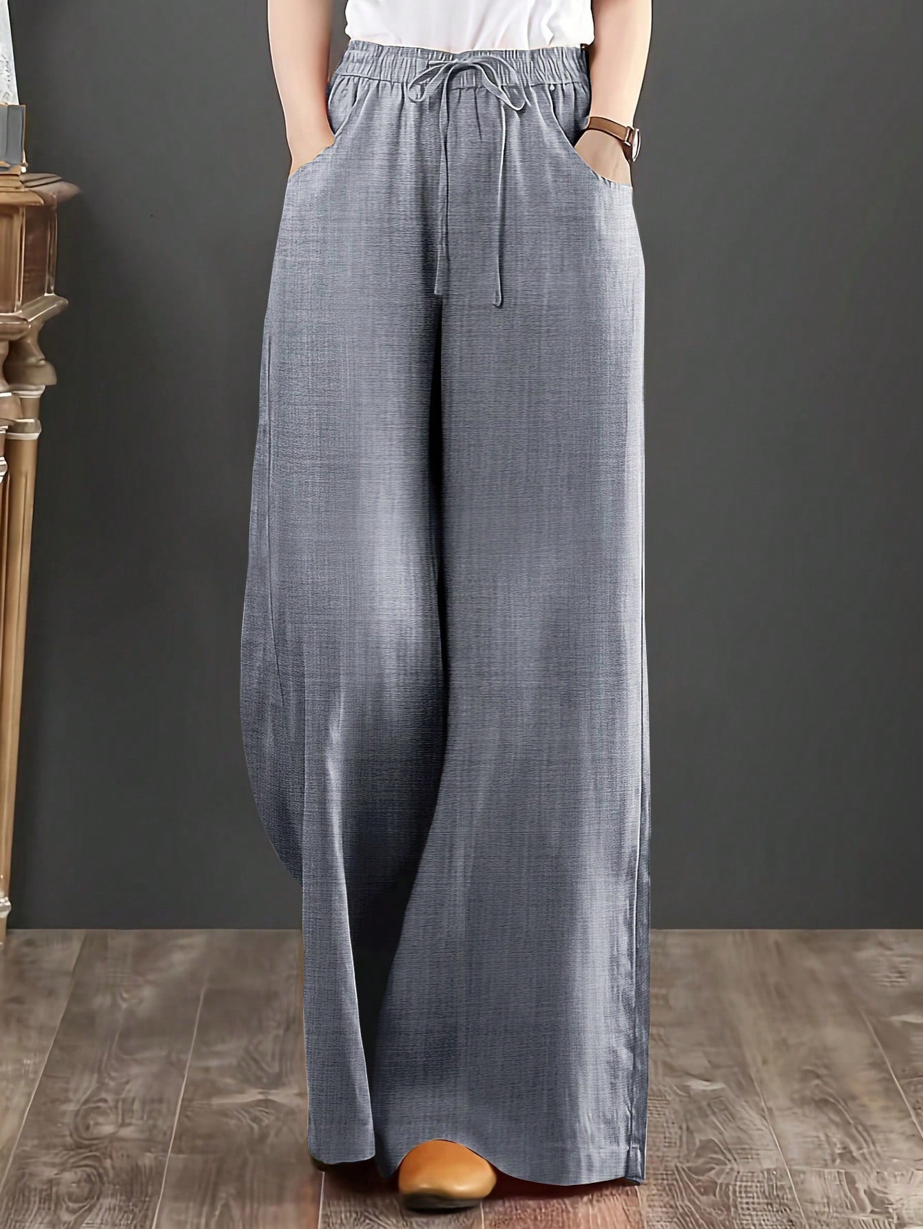 Women's Loose Fit Denim Effect Wide Leg Pants, Casual Long Trousers With Drawstring Pockets, Creating Comfortable Everyday Look