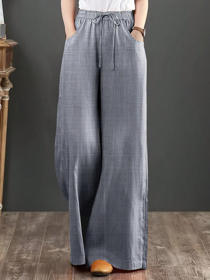 Women's Loose Fit Denim Effect Wide Leg Pants, Casual Long Trousers With Drawstring Pockets, Creating Comfortable Everyday Look