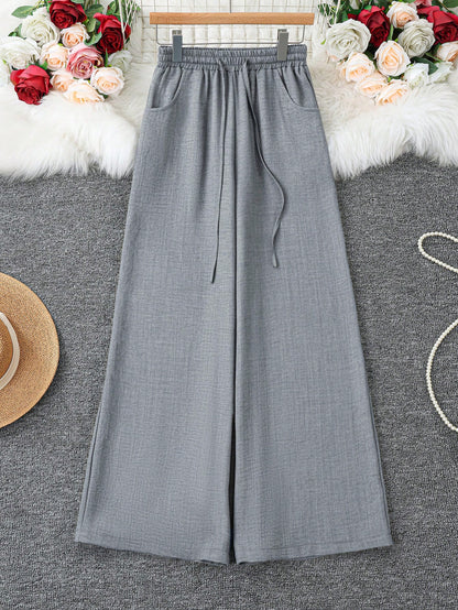 Women's Loose Fit Denim Effect Wide Leg Pants, Casual Long Trousers With Drawstring Pockets, Creating Comfortable Everyday Look