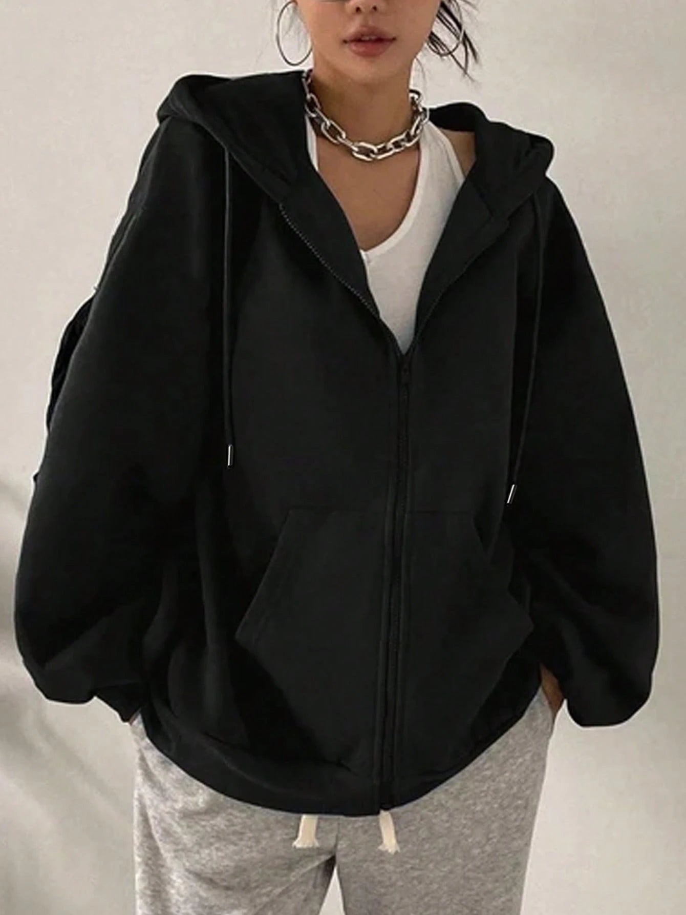 Women's Loose Fit Hooded Long Sleeve Jacket, With Zipper And Drawstring Details, Casual Style Sweatshirt Sweatshirt, Suitable For Spring And Autumn Casual Occasions Black Sports