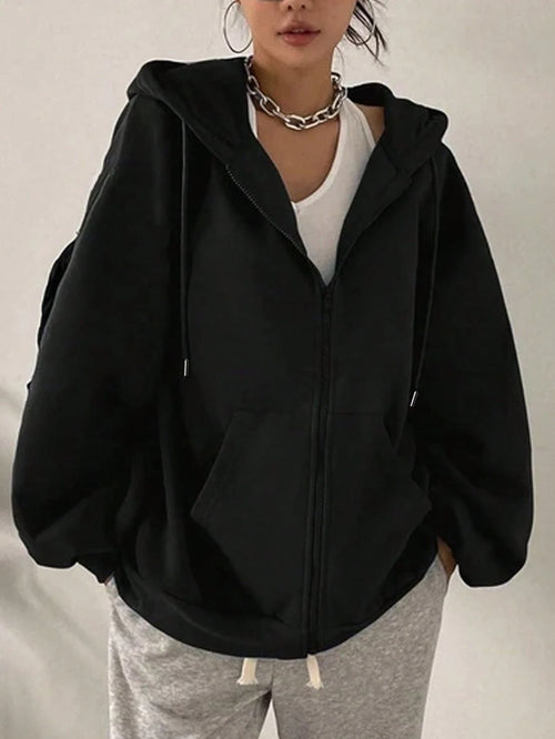 Women's Loose Fit Hooded Long Sleeve Jacket, With Zipper And Drawstring Details, Casual Style Sweatshirt Sweatshirt, Suitable For Spring And Autumn Casual Occasions Black Sports