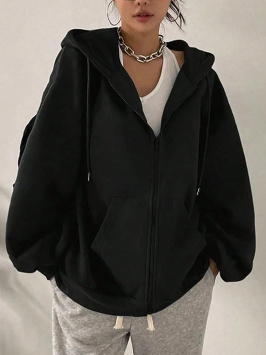 Women's Loose Fit Hooded Long Sleeve Jacket, With Zipper And Drawstring Details, Casual Style Sweatshirt Sweatshirt, Suitable For Spring And Autumn Casual Occasions Black Sports