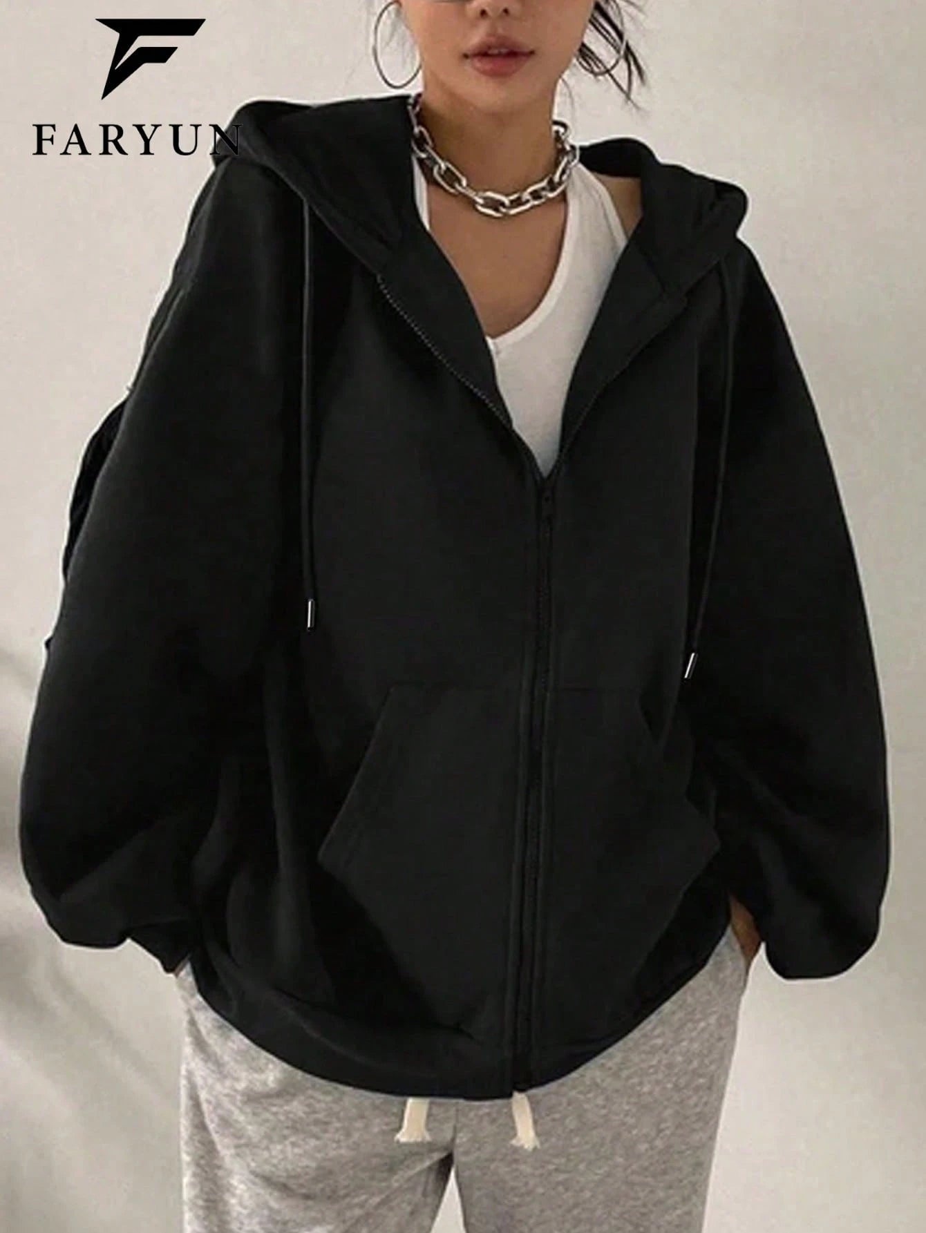 Women's Loose Fit Hooded Long Sleeve Jacket, With Zipper And Drawstring Details, Casual Style Sweatshirt Sweatshirt, Suitable For Spring And Autumn Casual Occasions Black Sports