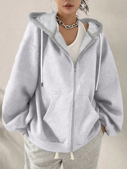 Women's Loose Fit Hooded Long Sleeve Jacket, With Zipper And Drawstring Details, Casual Style Sweatshirt Sweatshirt, Suitable For Spring And Autumn Casual Occasions Black Sports