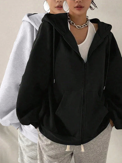 Women's Loose Fit Hooded Long Sleeve Jacket, With Zipper And Drawstring Details, Casual Style Sweatshirt Sweatshirt, Suitable For Spring And Autumn Casual Occasions Black Sports