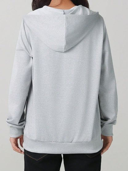 Women's Loose Fit Hooded Long Sleeve Jacket, With Zipper And Drawstring Details, Casual Style Sweatshirt Sweatshirt, Suitable For Spring And Autumn Casual Occasions Black Sports