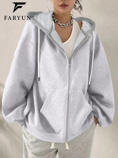 Women's Loose Fit Hooded Long Sleeve Jacket, With Zipper And Drawstring Details, Casual Style Sweatshirt Sweatshirt, Suitable For Spring And Autumn Casual Occasions Black Sports