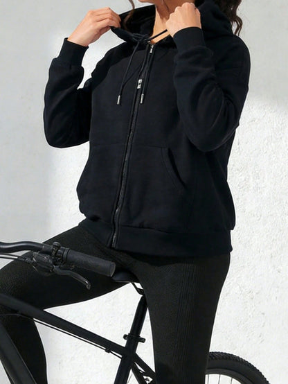 Women's Loose Fit Hooded Long Sleeve Jacket, With Zipper And Drawstring Details, Casual Style Sweatshirt Sweatshirt, Suitable For Spring And Autumn Casual Occasions Black Sports