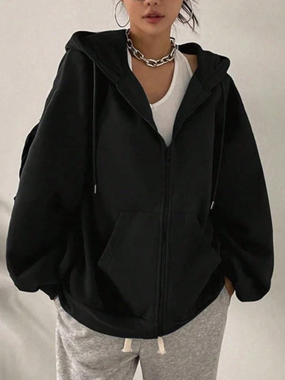Women's Loose Fit Hooded Long Sleeve Jacket, With Zipper And Drawstring Details, Casual Style Sweatshirt Sweatshirt, Suitable For Spring And Autumn Casual Occasions Black Sports