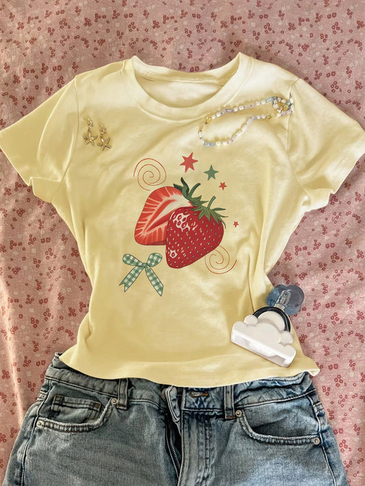 Women's Loose Round Neck Short Sleeve T-Shirt, Fresh Hand-Painted Strawberry Plaid Bow Print, American Retro Sweet Style Yellow Casual Summer