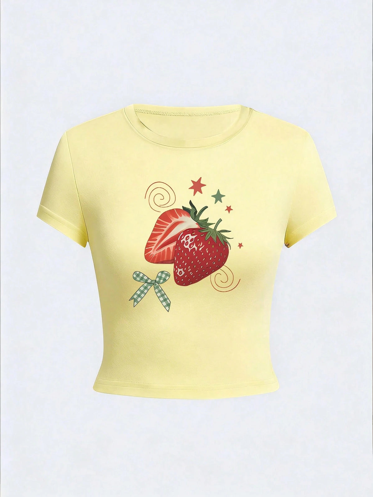 Women's Loose Round Neck Short Sleeve T-Shirt, Fresh Hand-Painted Strawberry Plaid Bow Print, American Retro Sweet Style Yellow Casual Summer