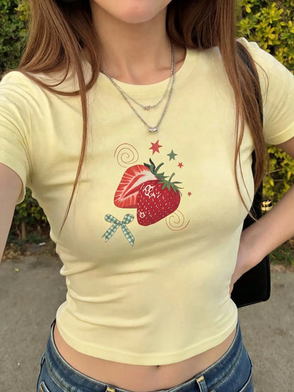 Women's Loose Round Neck Short Sleeve T-Shirt, Fresh Hand-Painted Strawberry Plaid Bow Print, American Retro Sweet Style Yellow Casual Summer