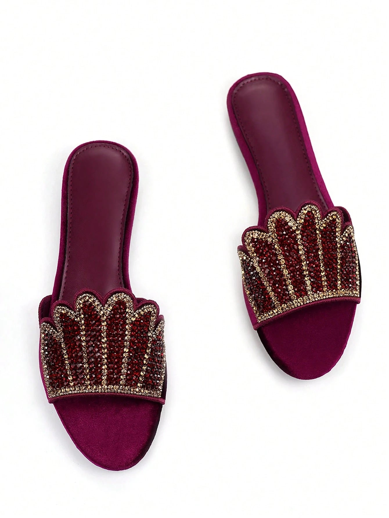 Women's Luxurious Fully Rhinestoned 3D Floral Pattern Decor Burgundy Velvet Comfortable Round Toe Slip-On Flat Mule Sandals, Suitable For Daily Wear And Party,Spring Summer Outfits