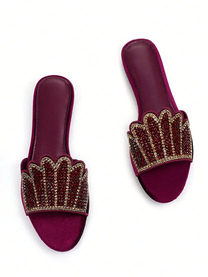 Women's Luxurious Fully Rhinestoned 3D Floral Pattern Decor Burgundy Velvet Comfortable Round Toe Slip-On Flat Mule Sandals, Suitable For Daily Wear And Party,Spring Summer Outfits