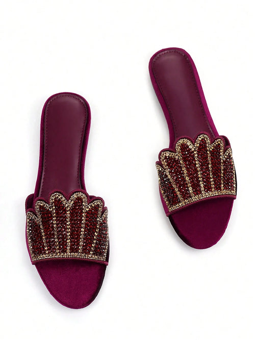 Women's Luxurious Fully Rhinestoned 3D Floral Pattern Decor Burgundy Velvet Comfortable Round Toe Slip-On Flat Mule Sandals, Suitable For Daily Wear And Party,Spring Summer Outfits